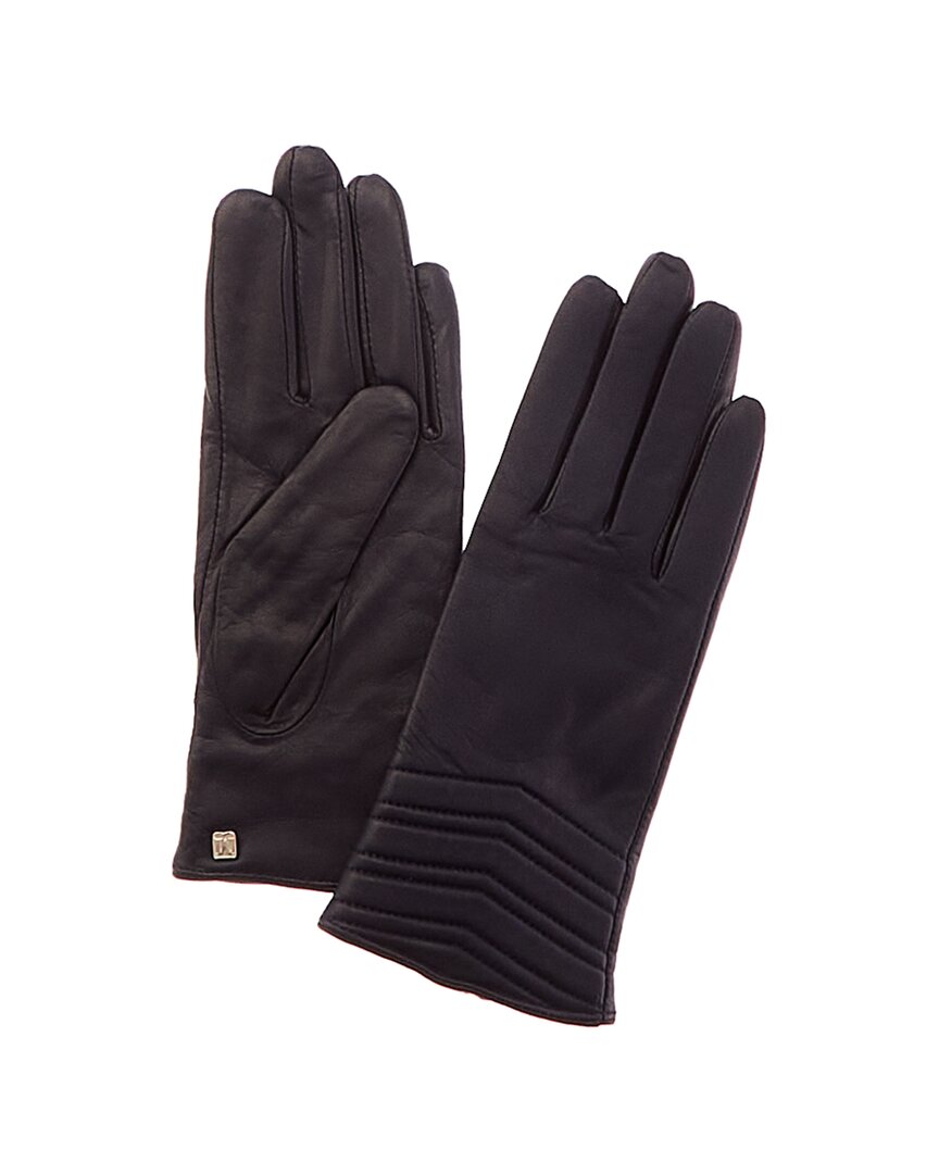 Navy Leather Quilted Gloves with Cashmere Lining