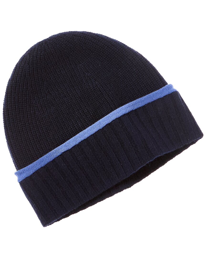 Amicale Cashmere Tipped Cuff Ribbed Cashmere Beanie In Blue
