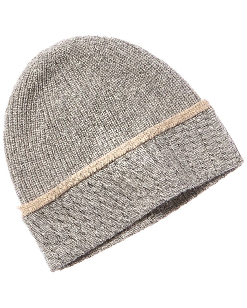 Amicale Cashmere Tipped Cuff Ribbed Cashmere Beanie In Grey