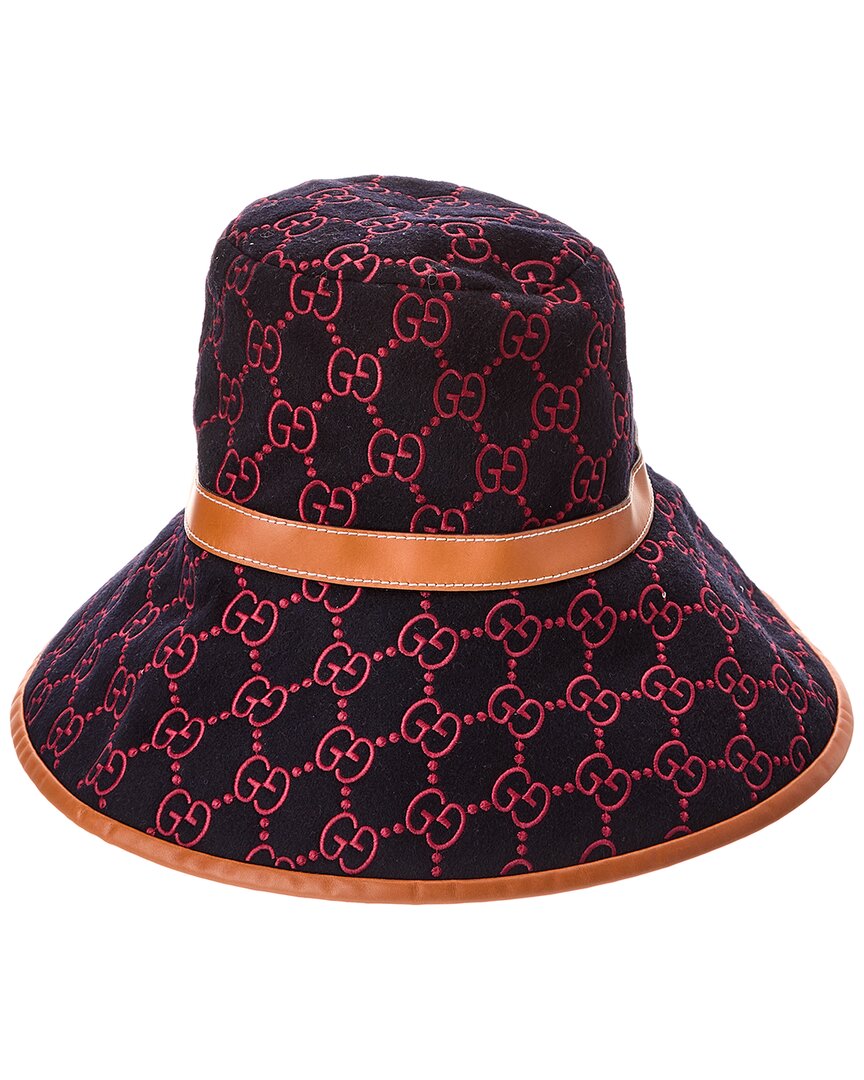 Gucci Logo Print Leather-trim Wool-blend Hat In Blue