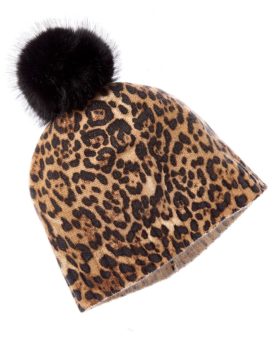 Sofia Cashmere Faux Fur Pom Cashmere Lurex Knit Beanie In Brown