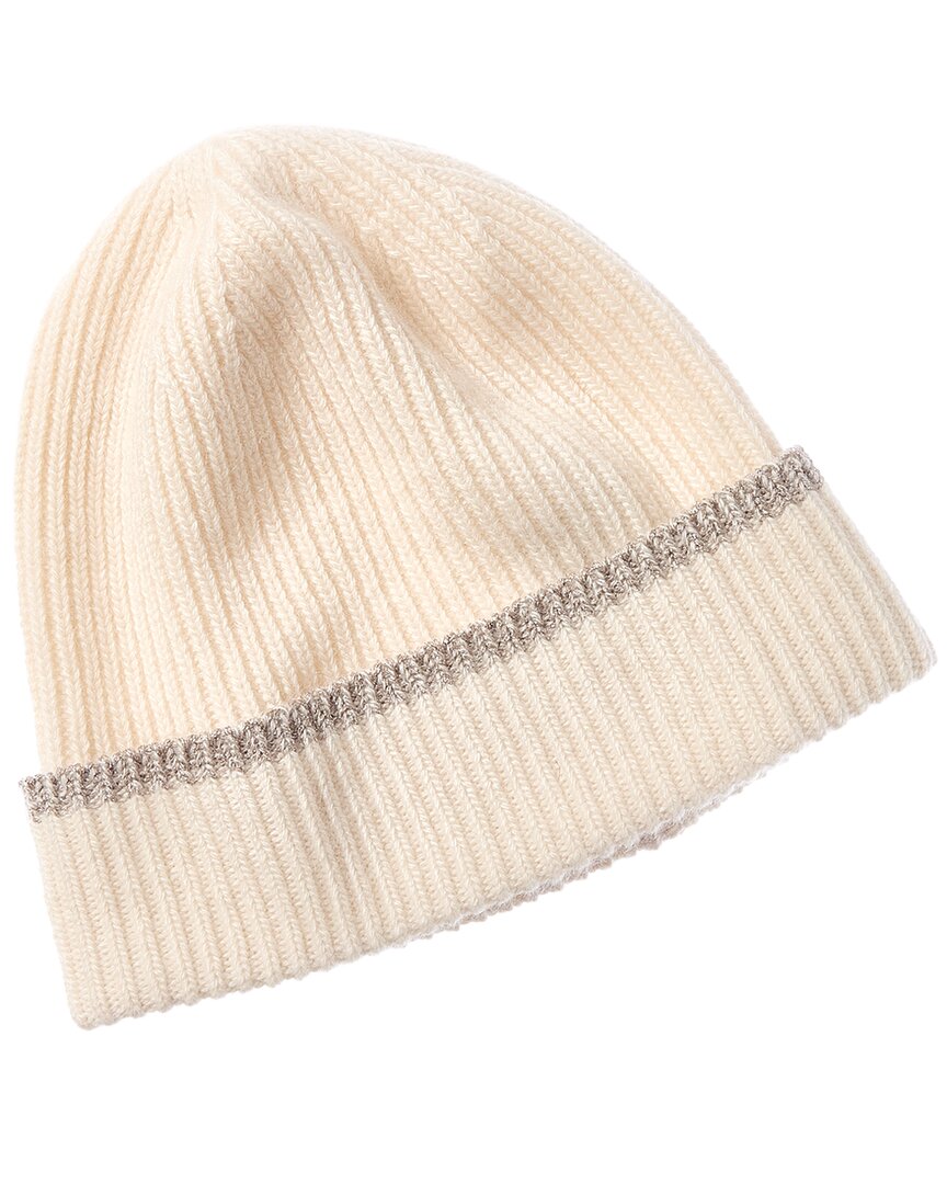 Portolano Lurex Ribbed Cashmere Beanie In White