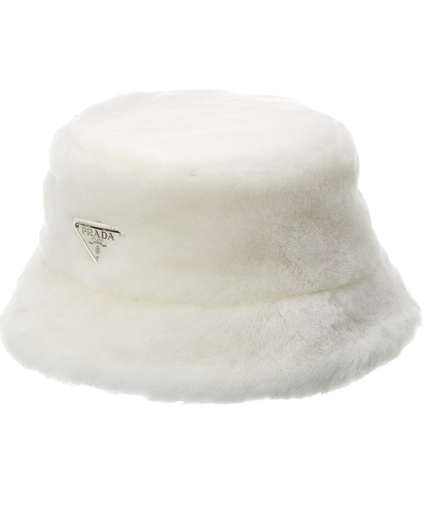 Prada Shearling Bucket Hat In White