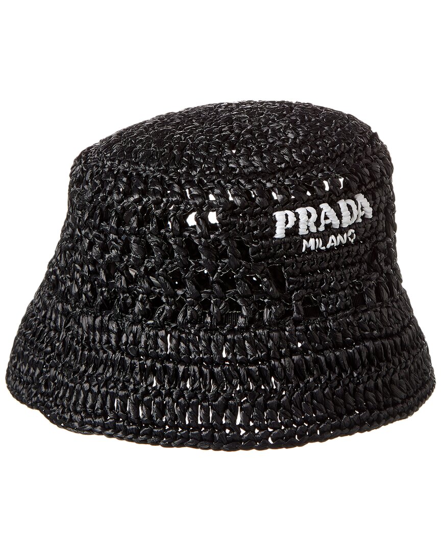 Shop Prada Logo Raffia Bucket Hat In Black
