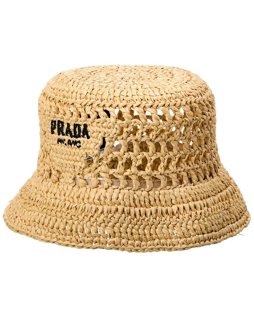 Shop Prada Logo Raffia Bucket Hat In Beige