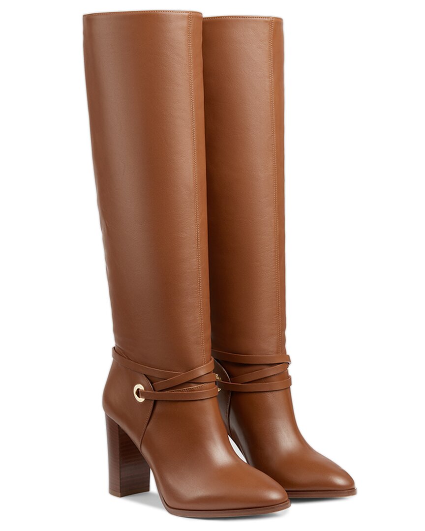 Lk Bennett Womens Tan-tan Shelby Lace-embellished Leather Heeled Knee-high Boots