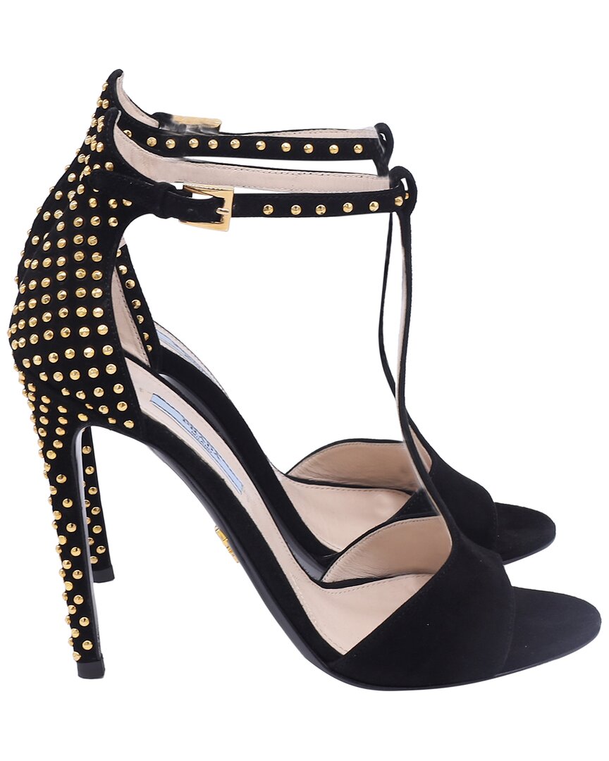 Prada Women's Suede Studded T-strap Sandal Heel (authentic Pre-loved)