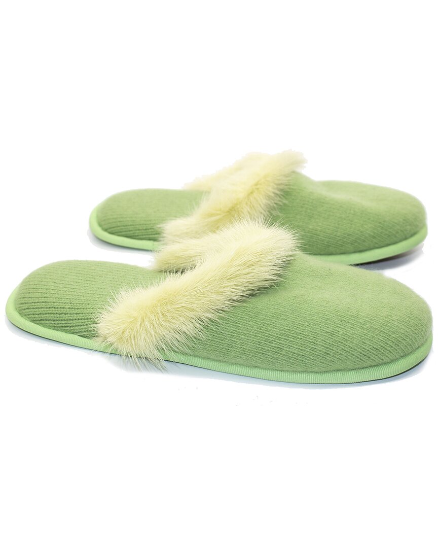 Portolano Ladies Slippers With Mink Fur Tails On Top In Green