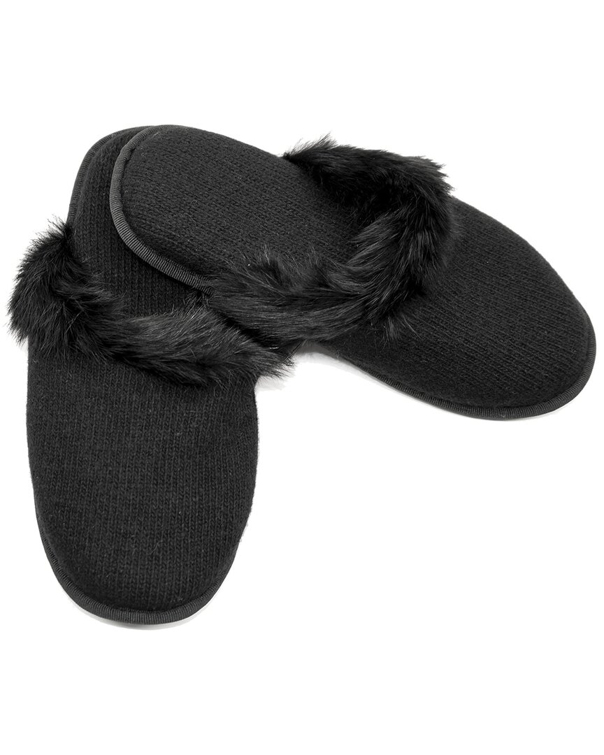 Portolano Ladies Slippers With Rabbit Fur Trim On Top In Black