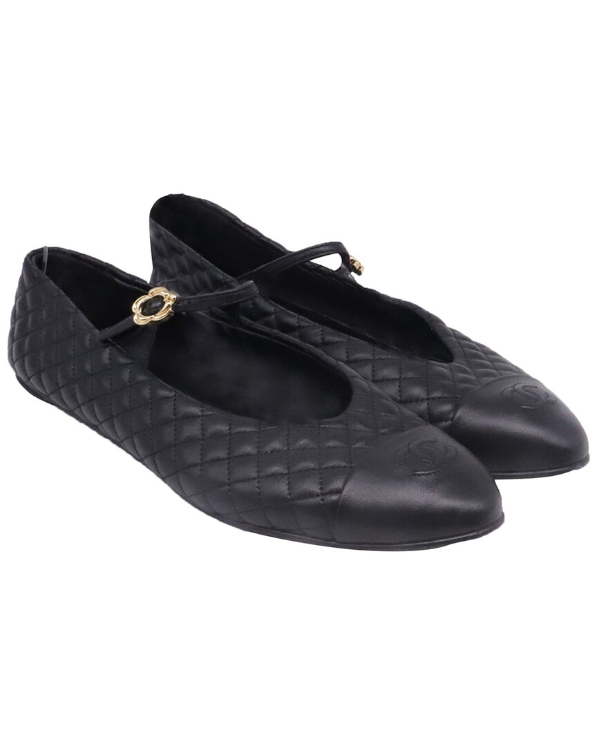 Pre-owned Chanel Women's Leather Cc Cap-toe Quilted Mary Jane Ballet Flat (authentic  Pre-loved)