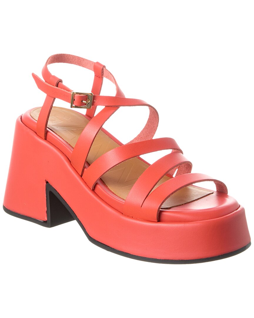 Shop Ganni Asymmetrical Platform Leather Wedge Sandal In Red