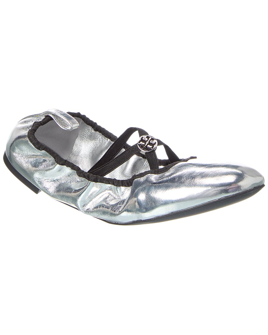 Shop Tory Burch Soft Scrunch Leather Ballet Flat In Silver