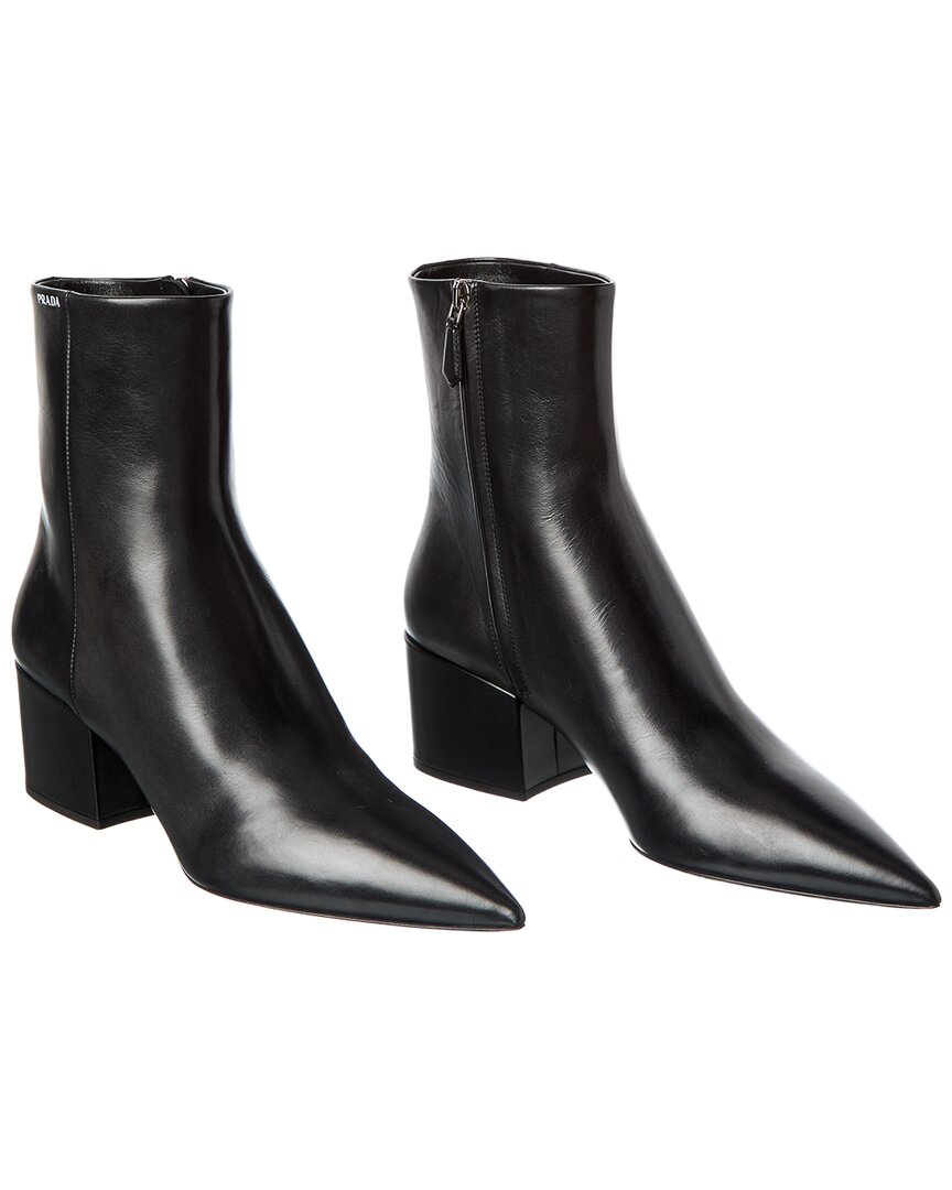 Prada Block Heel Leather Bootie (authentic Pre-loved) In Black