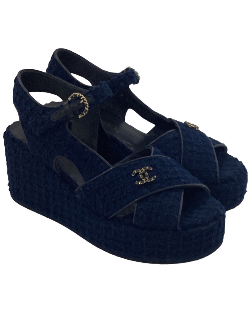 Pre-owned Chanel Cc Wedge Sandals In Blue Cotton Tweed