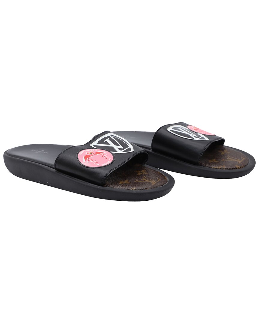 Pre-owned Louis Vuitton Flamingo Flat Slides In Black Leathe