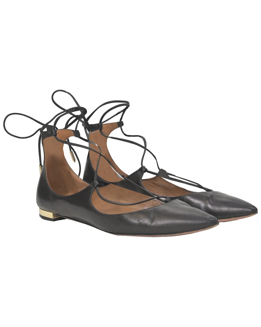 Pre-owned Aquazzura Women's Leather Christy Lace-up Ballet Shoe (authentic Pre-loved) In Black