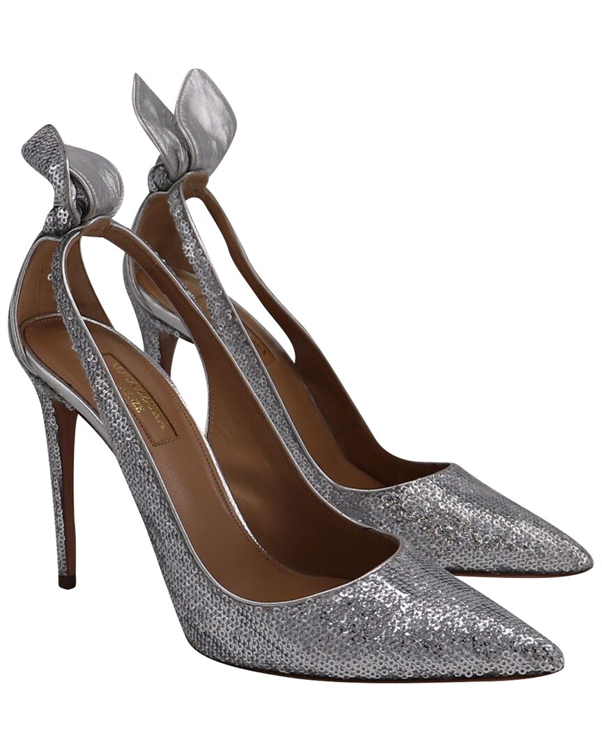 Aquazzura Women's Leather Bow Tie Sequined Pump (authentic Pre-loved) In Silver