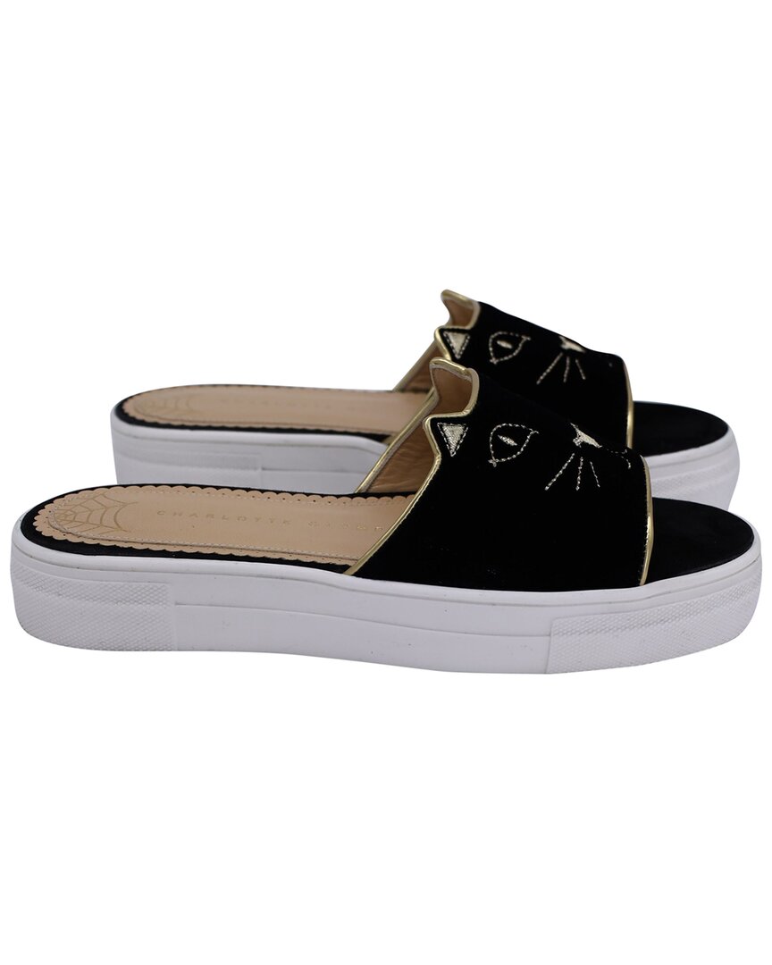 Charlotte Olympia Women's Velvet Kitty Slide Platform Sandal (authentic Pre-  Loved) In Black