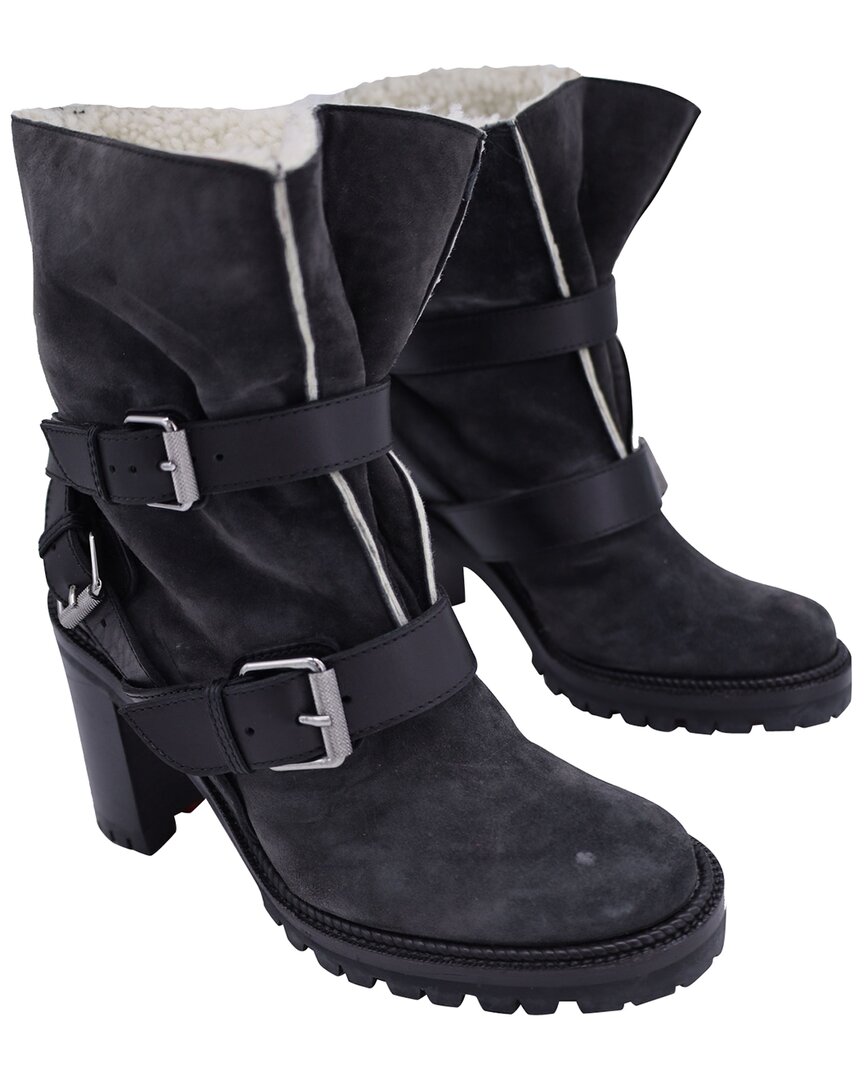 Christian Louboutin Women's Suede Buckle Strap Shearling-lined Boot (authentic Pre-loved) In Black