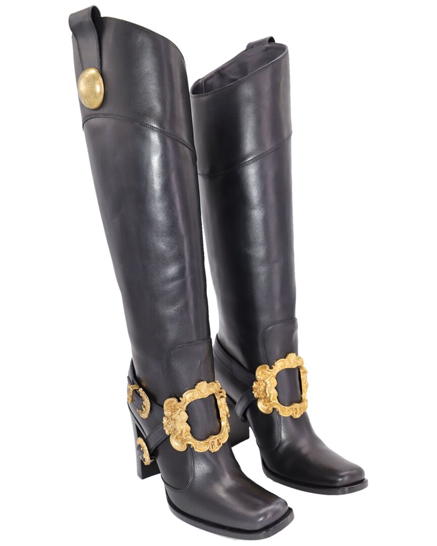 Dolce & Gabbana Women's Leather Knee High Boot With Gold Buckle Detail  (authentic Pre-loved) In Black