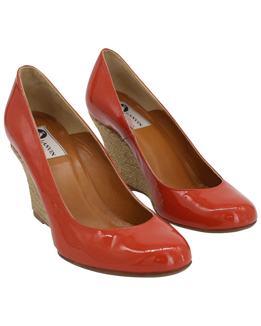 Lanvin Wedge Pumps In Orange Patent Leather In Animal Print