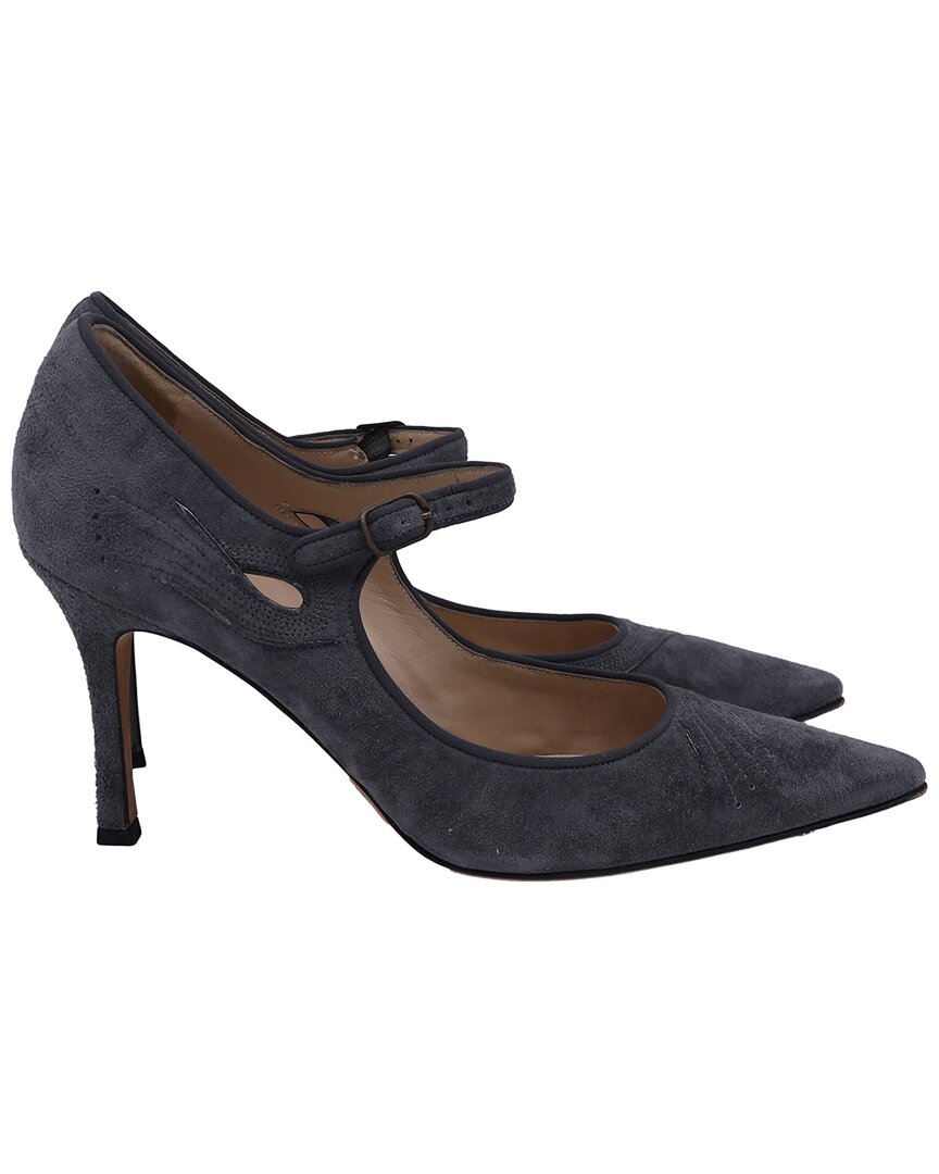 Manolo Blahnik Pointed Mary Jane Pumps In Grey Suede In Black