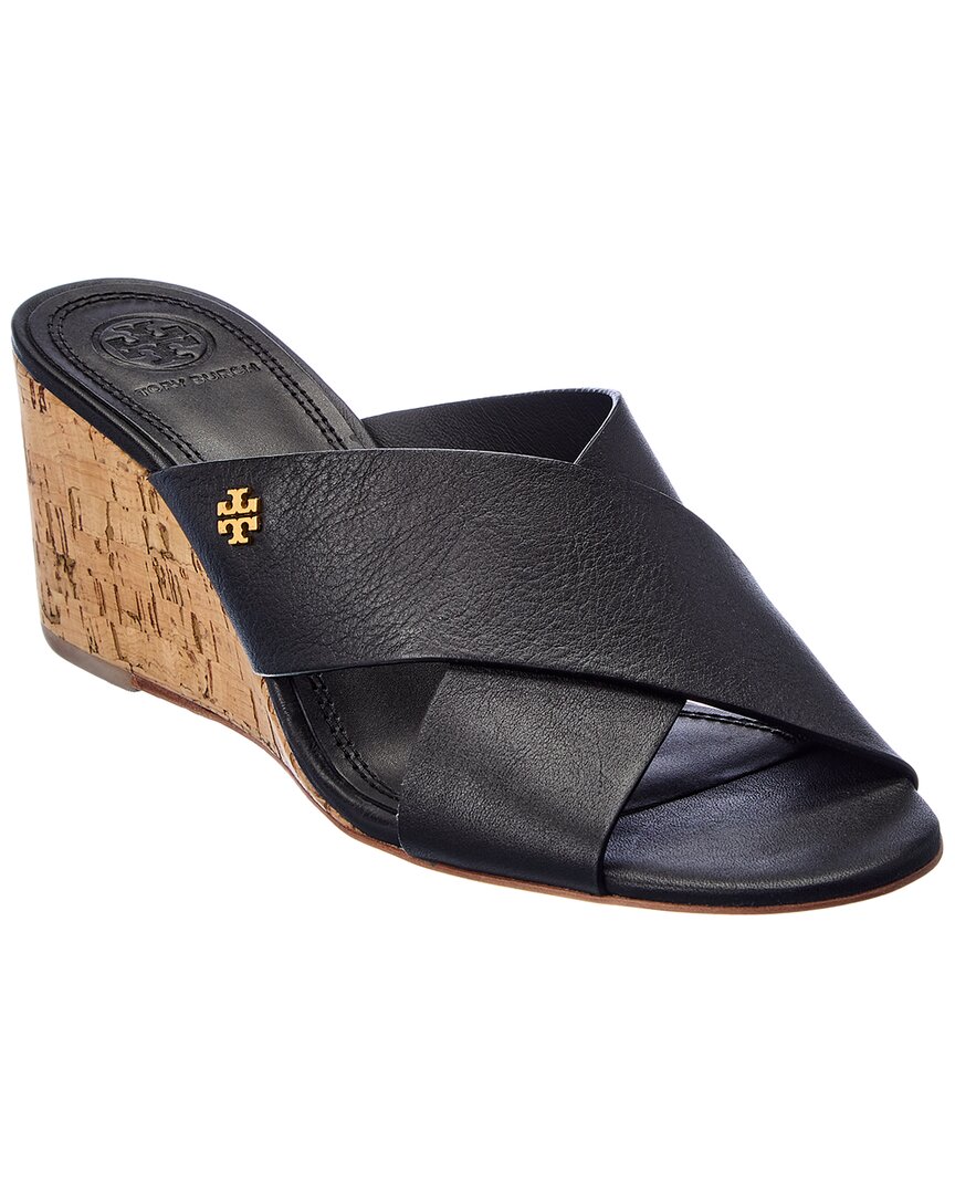 Tory Burch Crossover Leather Wedge Sandal In Black | ModeSens