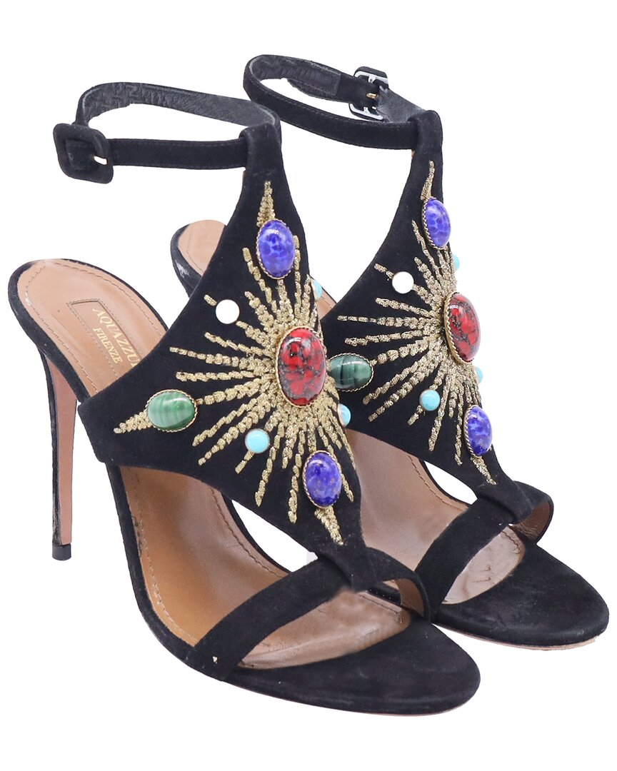 Aquazzura Desert Sun Embellished Sandal Heels In Black Suede In Multi