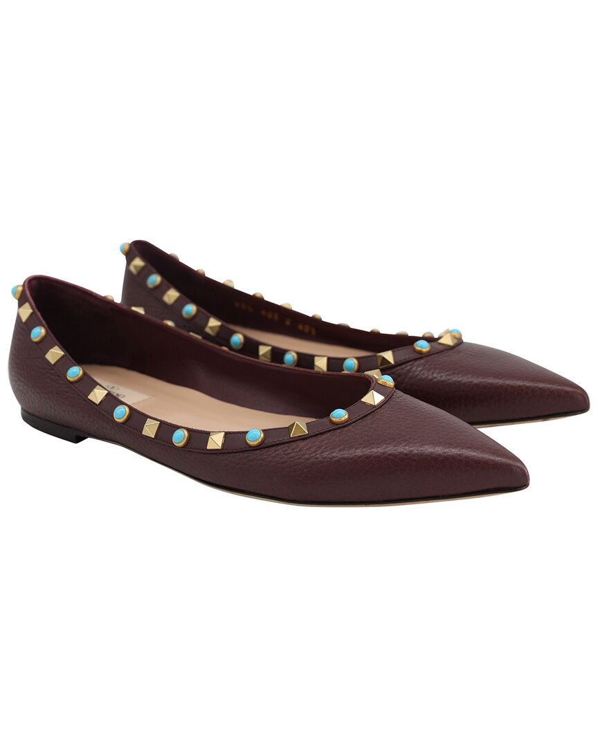 Valentino Garavani Valentino Women's Leather Rolling Rockstud Ballet Flat (authentic Pre-loved) In Burgundy