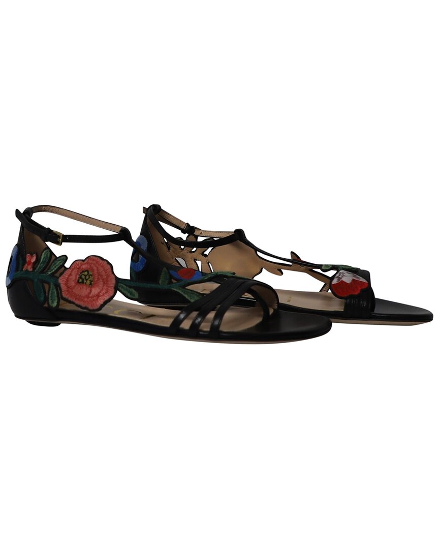 Gucci Women's Leather Ophelia Floral-embroidered Flat Sandal (authentic Pre- Loved) In Multi