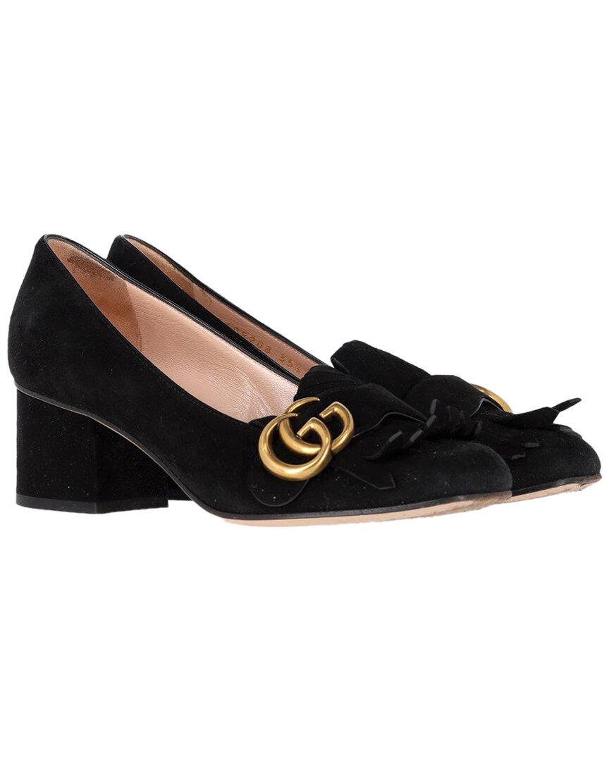 Gucci Women's Suede Gg Marmont Mid-heel Loafer Pump (authentic Pre-loved) In Black