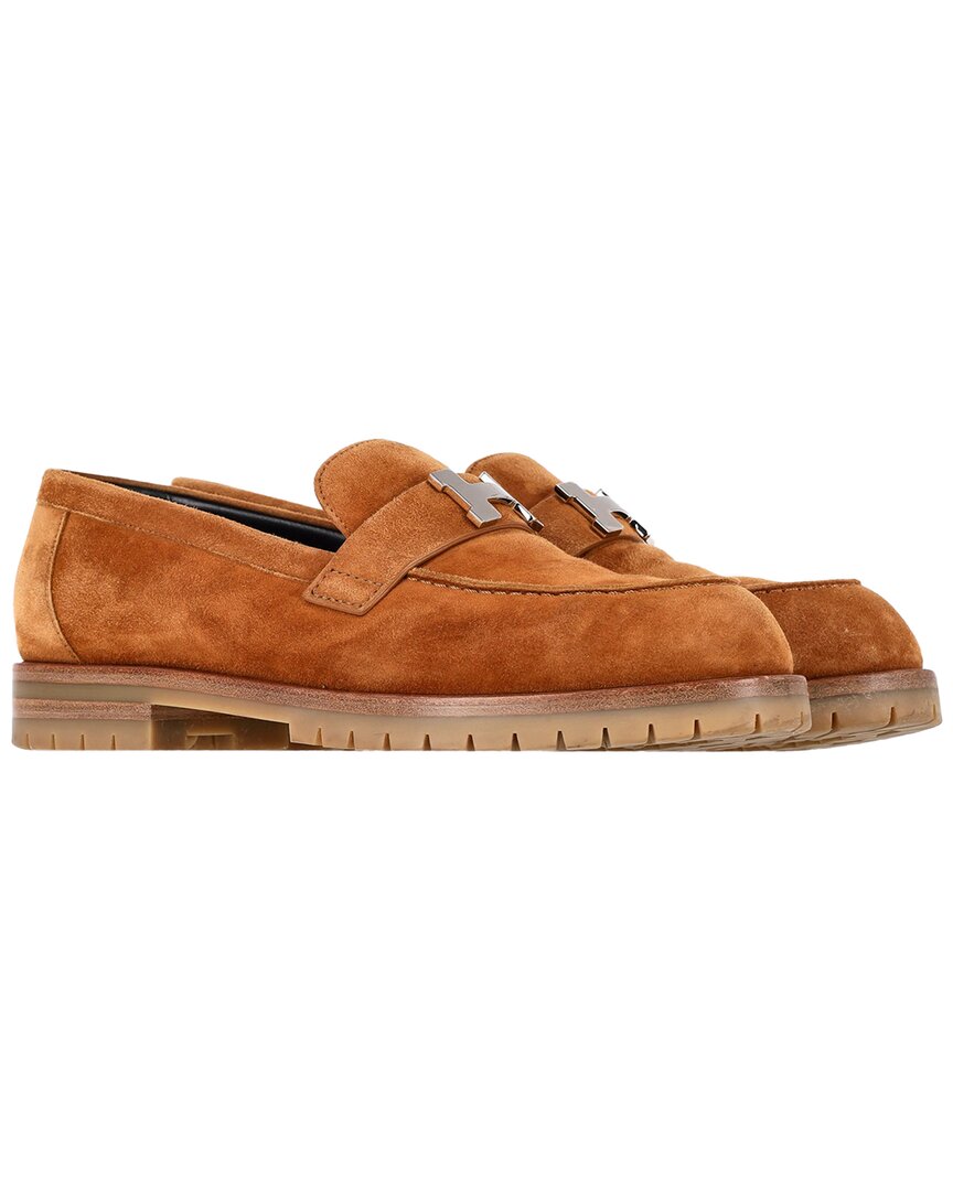Pre-owned Hermes Hermès Women's Suede Logo Plague Faubourg Loafer (authentic Pre-loved)