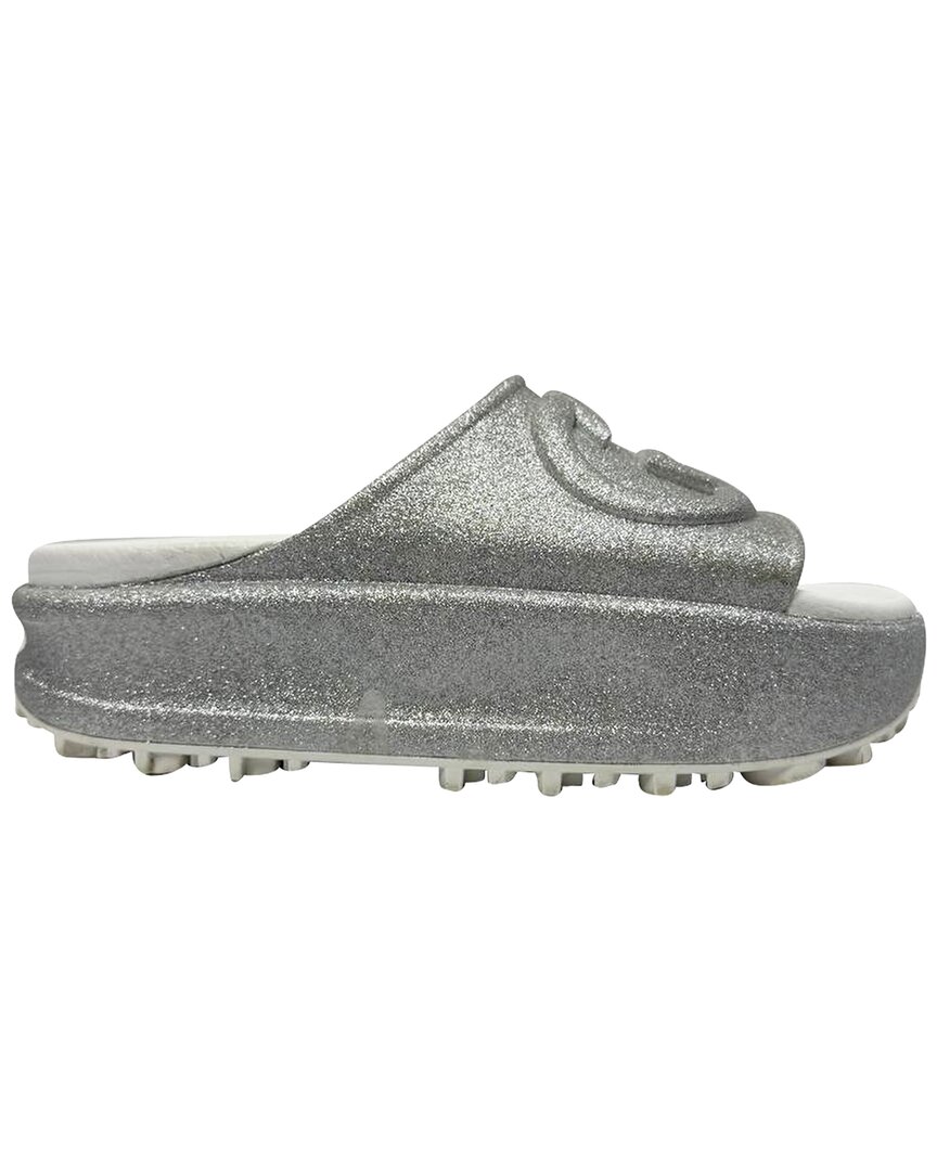 Gucci Women's Rubber Gg Logo Glittered Slide Sandal (authentic Pre-loved) In Gray