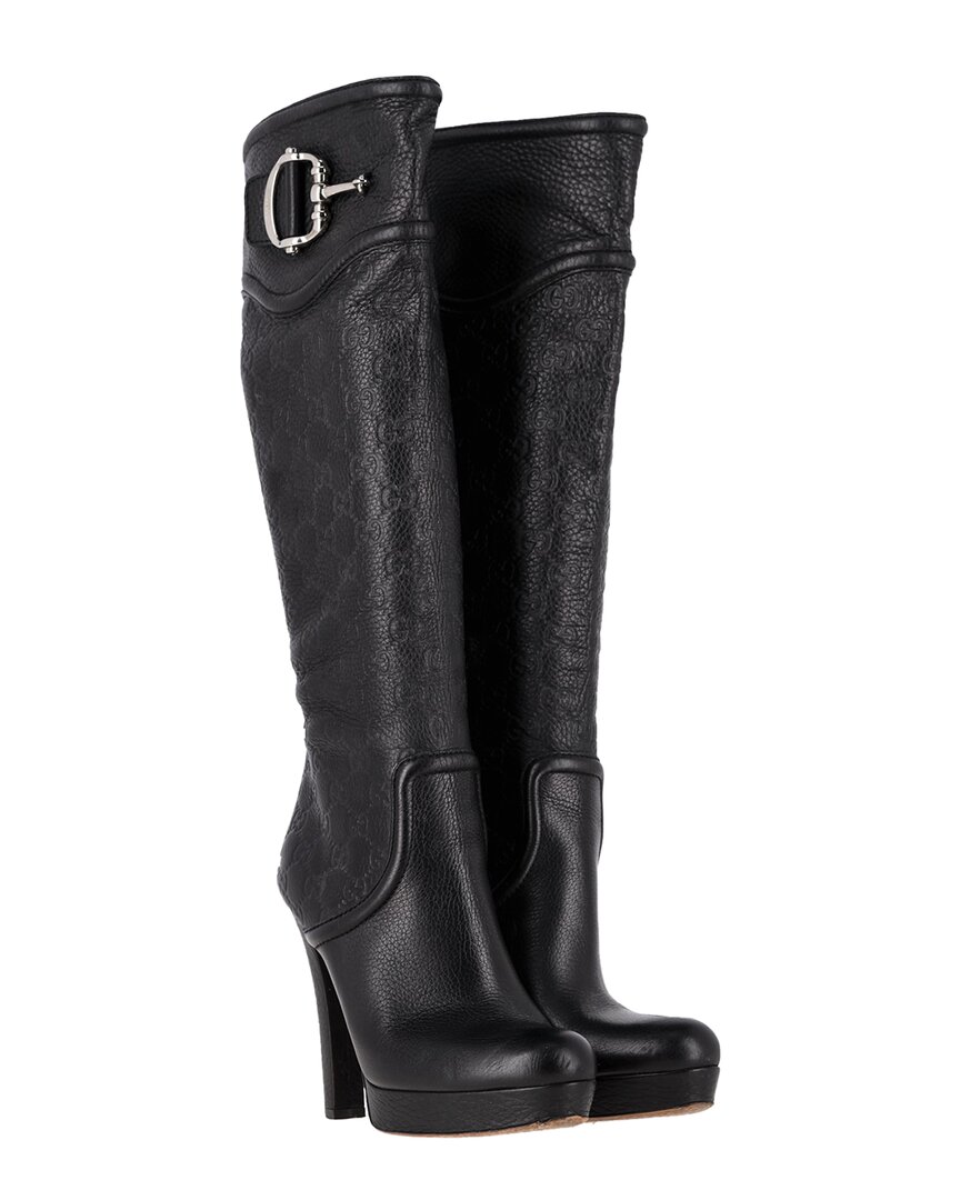 Gucci Women's Leather Ssima Platform Knee-high Boot (authentic Pre-loved) In Black