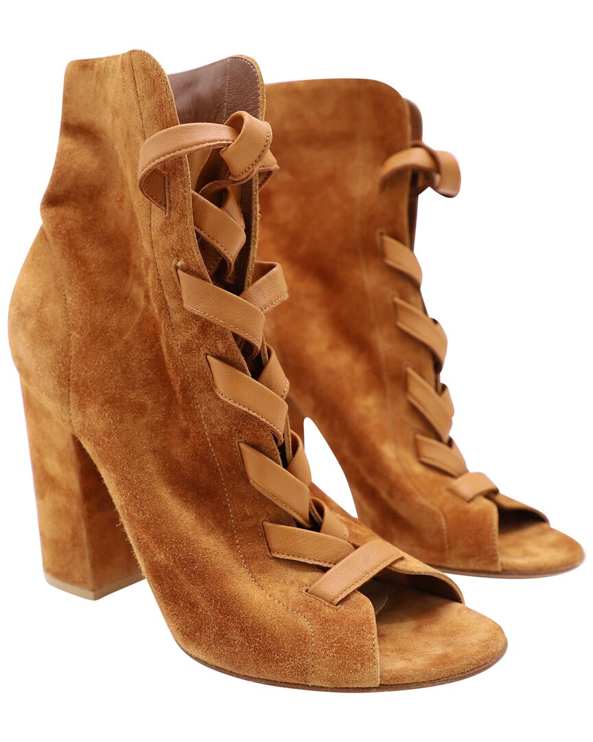 Gianvito Rossi Women's Suede Brooklyn Peep-toe Bootie (authentic Pre-loved) In Brown