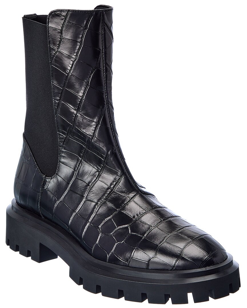 Stuart Weitzman Chalet Lug City Croc-embossed Leather Knee-high Boot In Black