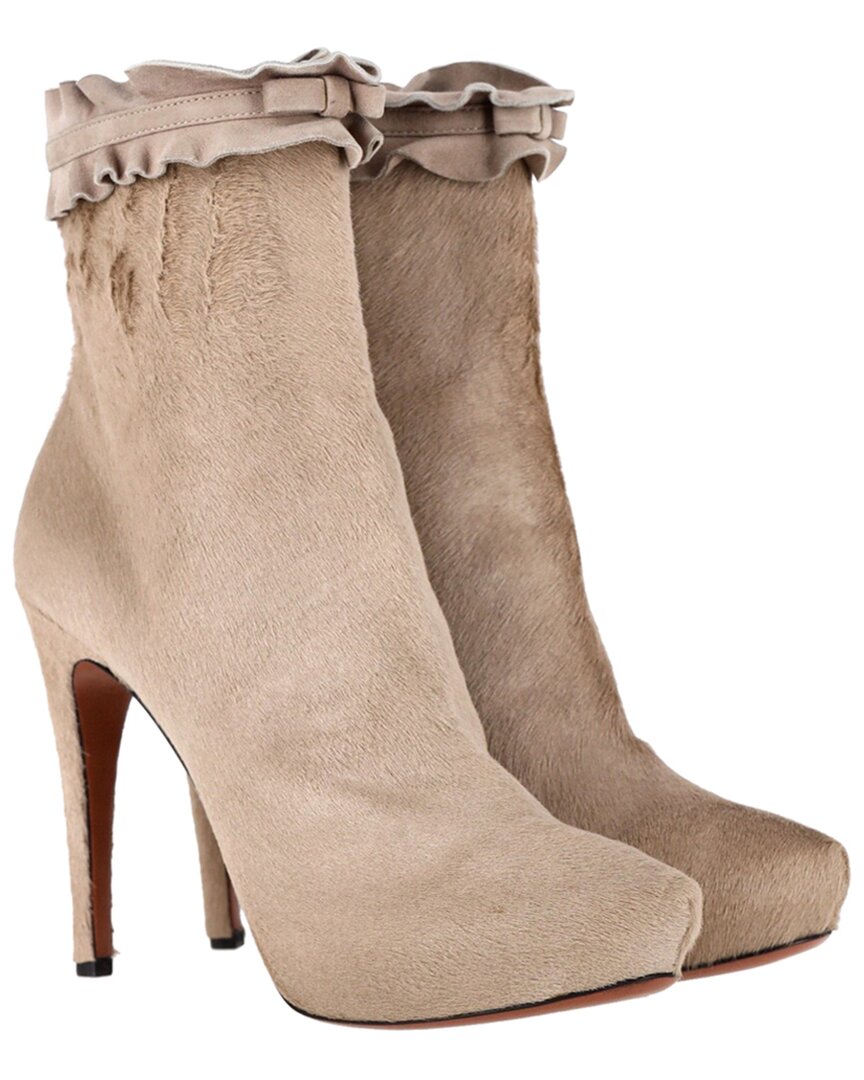 Alaïa Women's Wool/hair Ruffle Trimmed With Bow Ankle Boot (authentic Pre- Loved) In Neutral