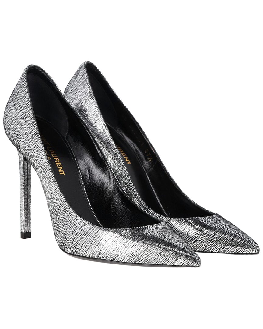 Saint Laurent Women's Leather Anja Textured Pointed Pump (authentic Pre-loved) In Silver