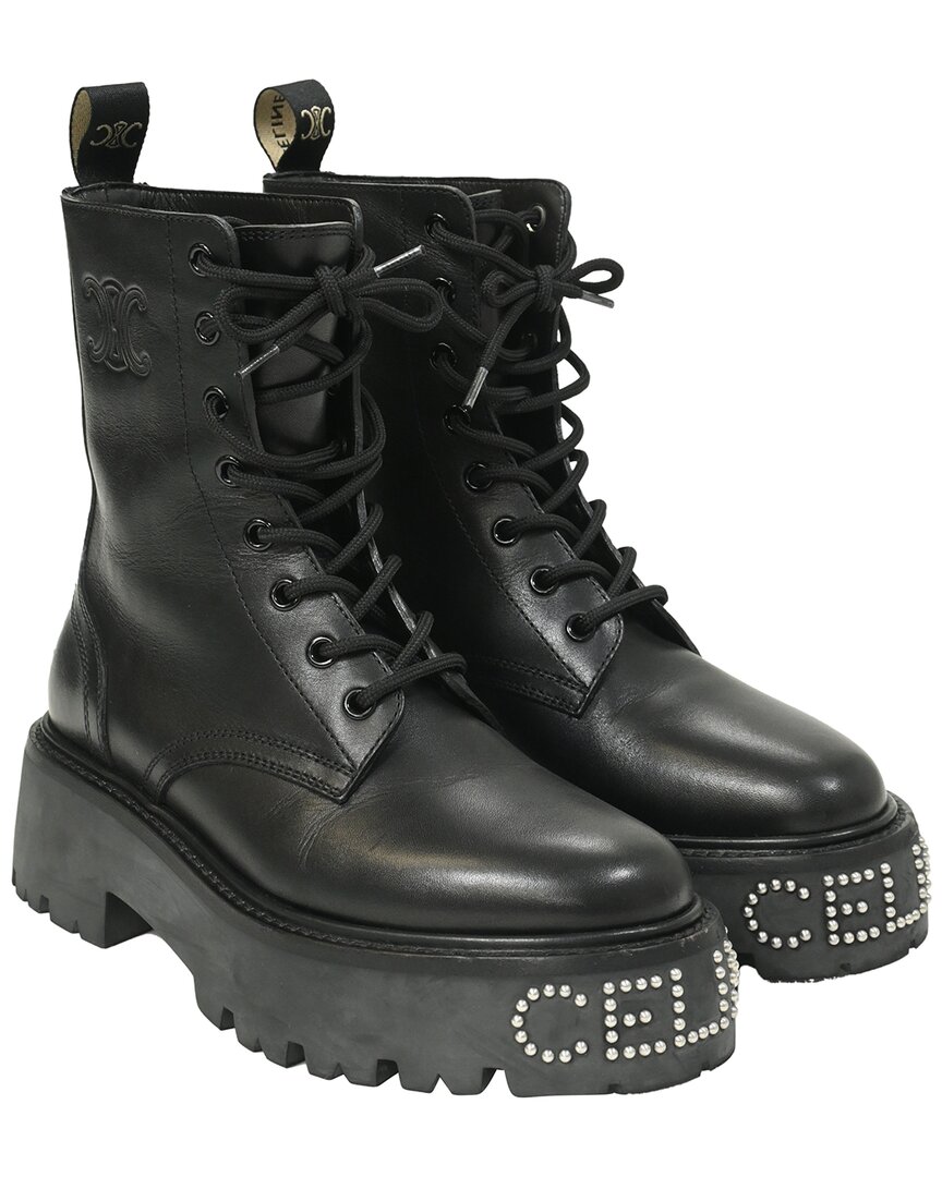 Celine Women's Leather Logo-embellished Combat Boot (authentic Pre-loved) In Black