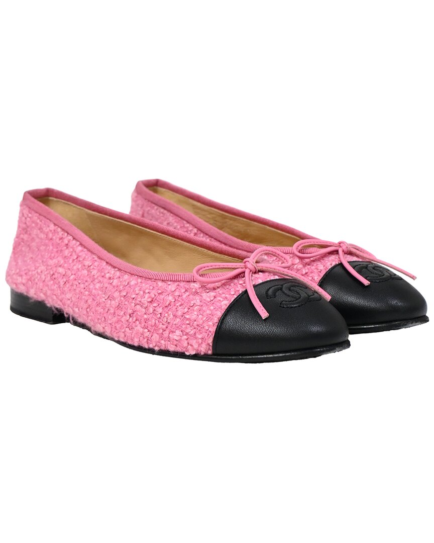 Pre-owned Chanel Women's Cotton Cc Cap-toe Bow Ballet Flat (authentic Pre-loved)