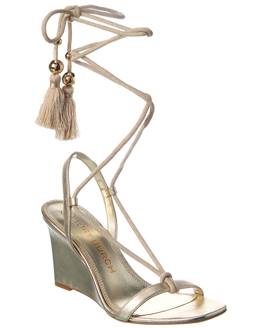 Tory Burch Plisse Leather Wedge Sandal In Gold | ModeSens