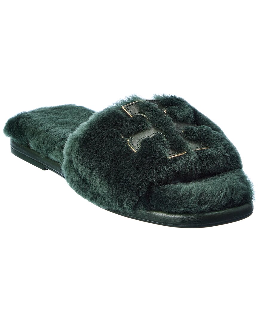 Tory Burch Double T Shearling Slides In Green