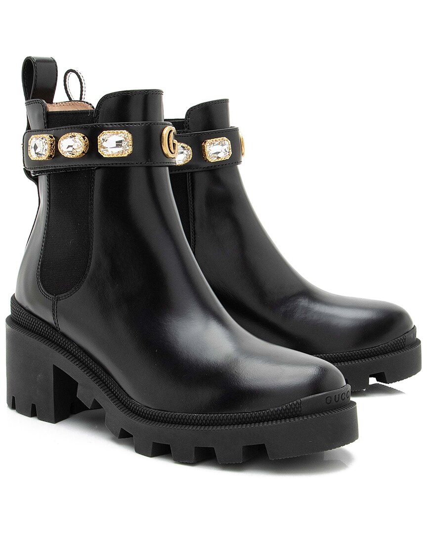Gucci Women's Calfskin Leather Calfskin Crystal Trip Chelsea Boot (authentic Pre-loved) In Black