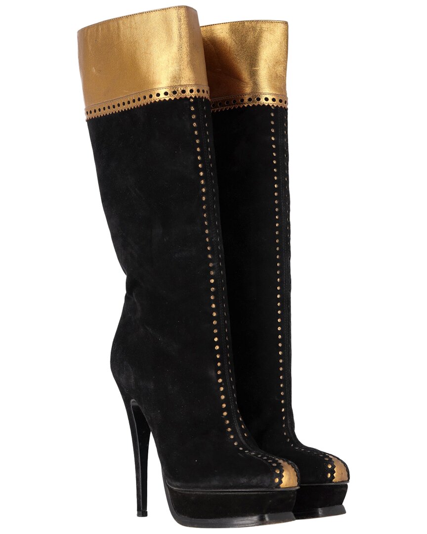 Saint Laurent Women's Suede Laser Cut Detail Knee-high Platform Boot  (authentic Pre-loved) In Black