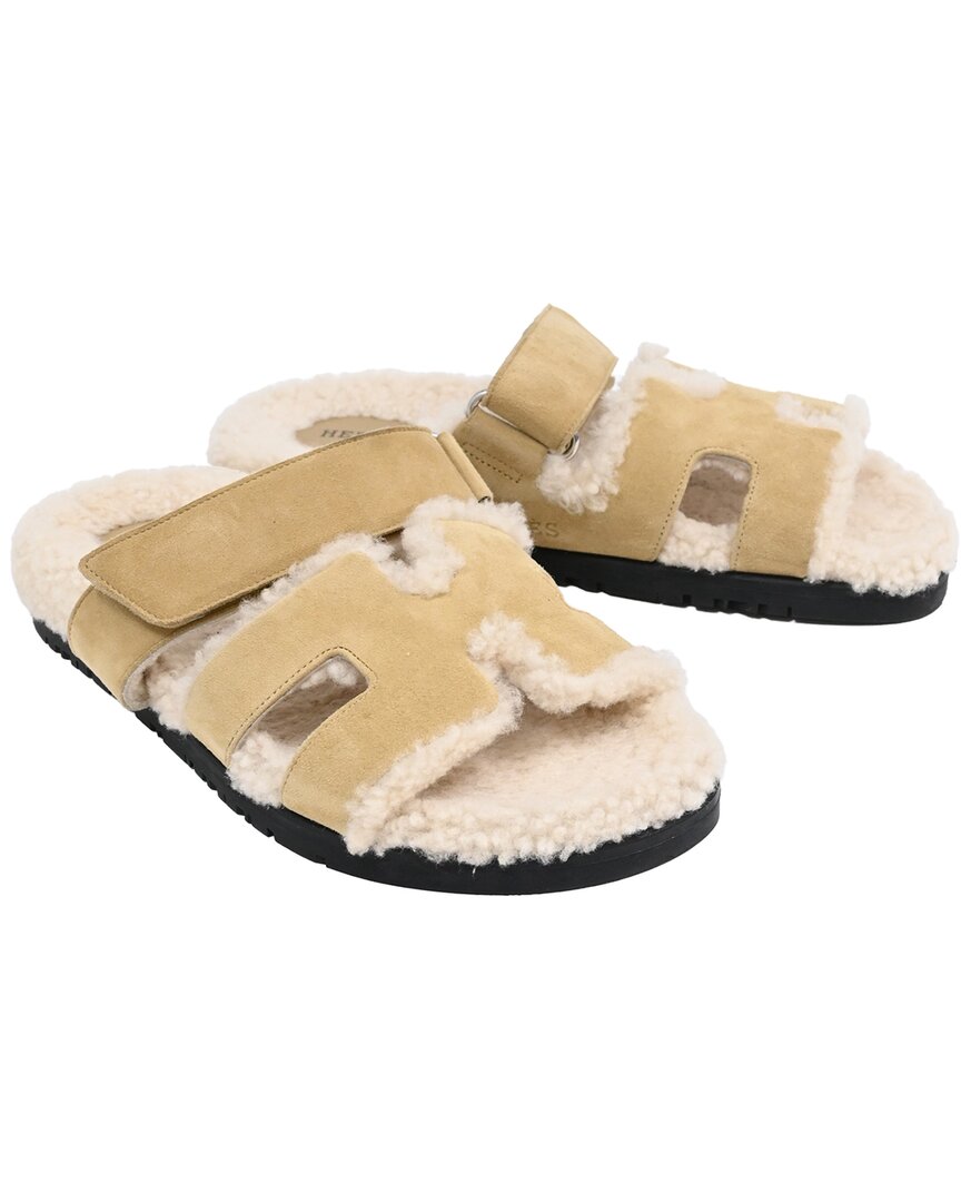 Pre-owned Hermes Hermès Women's Leather Chypre Shearling Sandal (authentic Pre-loved)