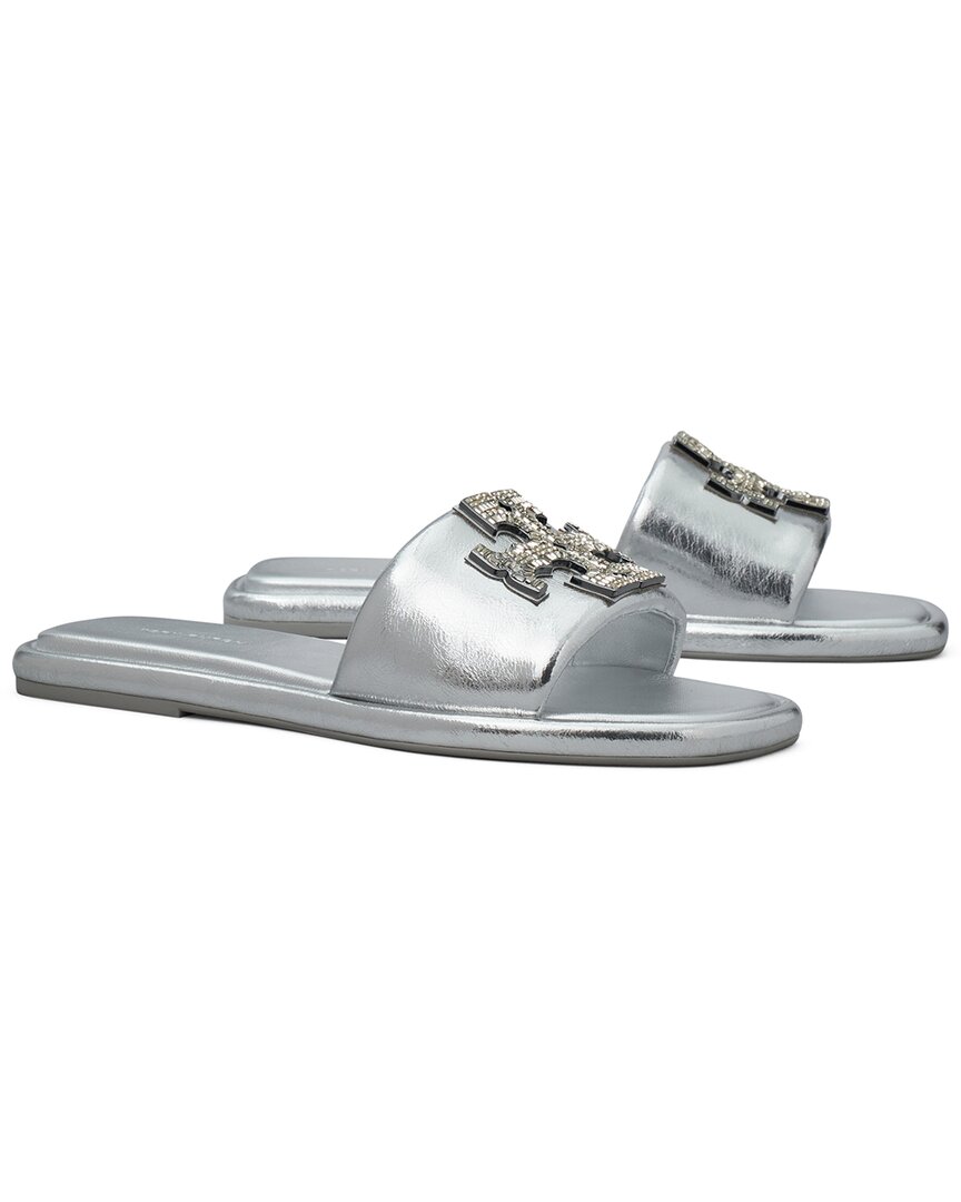 Tory Burch Double T Deco Leather Sport Slide In Silver
