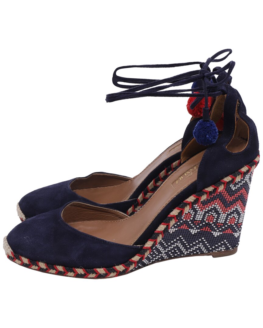 Aquazzura Women's Suede Pom-pom Embellishments Espadrille Wedge (authentic  Pre-loved) In Blue