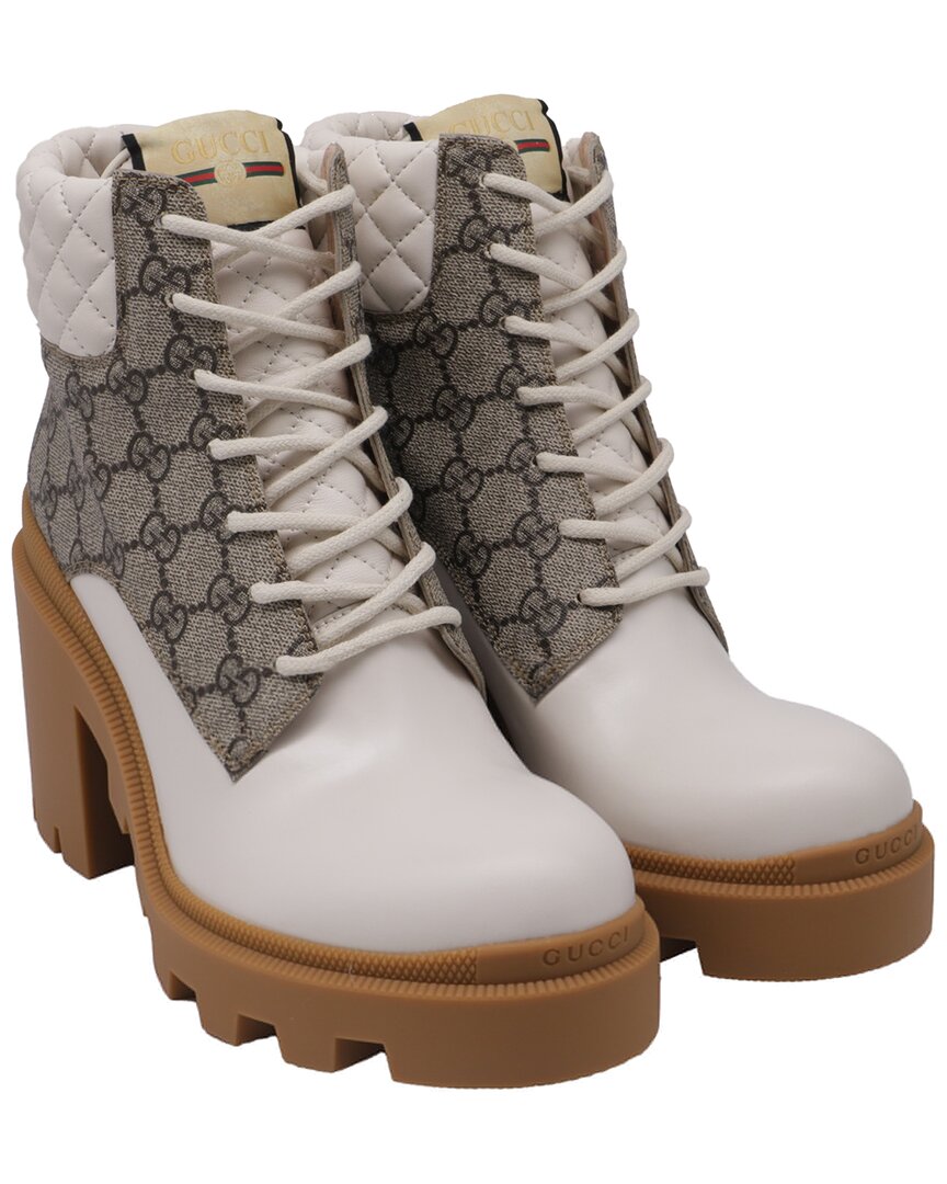 Gucci Women's Leather Gg Quilted Platform Gg Canvas Lug Sole Ankle Boot (authentic Pre-loved) In Gray