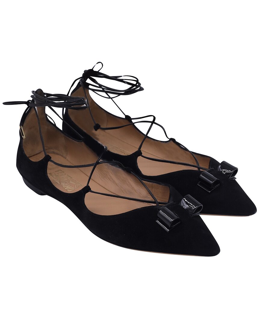 Ferragamo Women's Suede Claire Strappy Bow Ballet Flat (authentic Pre-loved)