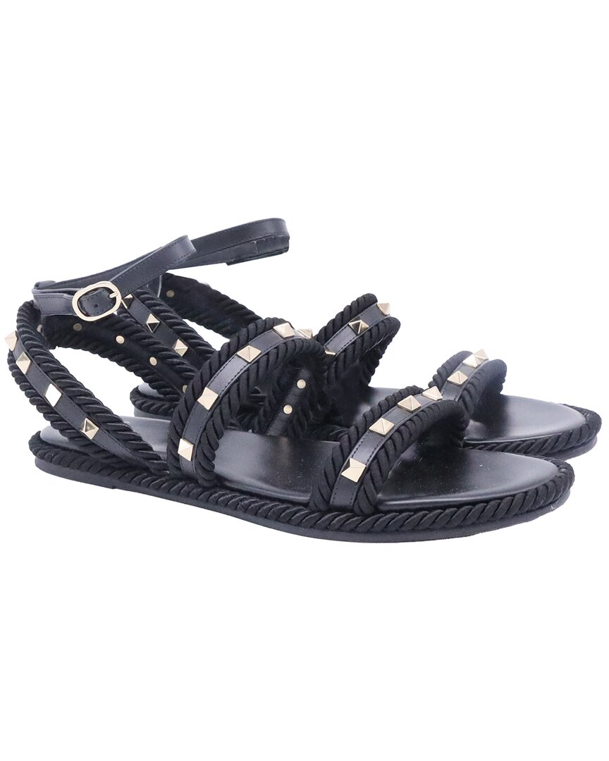 Valentino Women's Leather Torchon Rope-trimmed Flat Sandal (authentic Pre-  Loved) In Black
